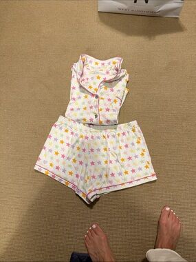 Women’s white Star-Print Pajama Set - Pink & Yellow Stars button down shorts
